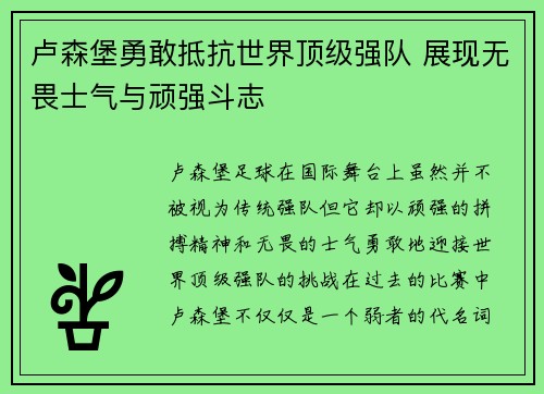 卢森堡勇敢抵抗世界顶级强队 展现无畏士气与顽强斗志