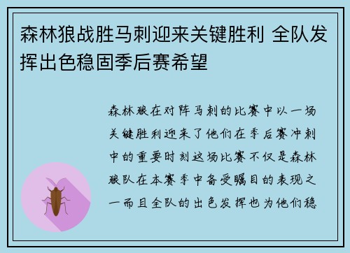 森林狼战胜马刺迎来关键胜利 全队发挥出色稳固季后赛希望