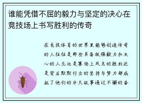 谁能凭借不屈的毅力与坚定的决心在竞技场上书写胜利的传奇