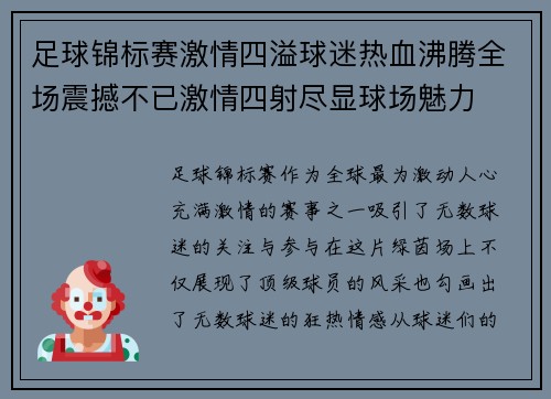 足球锦标赛激情四溢球迷热血沸腾全场震撼不已激情四射尽显球场魅力