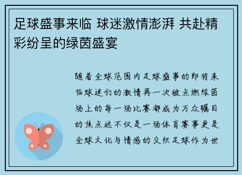 足球盛事来临 球迷激情澎湃 共赴精彩纷呈的绿茵盛宴