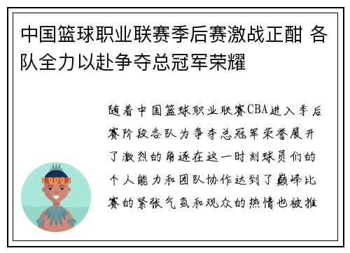 中国篮球职业联赛季后赛激战正酣 各队全力以赴争夺总冠军荣耀