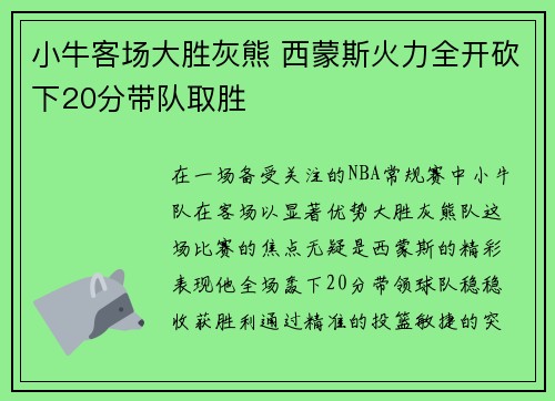 小牛客场大胜灰熊 西蒙斯火力全开砍下20分带队取胜