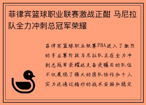 菲律宾篮球职业联赛激战正酣 马尼拉队全力冲刺总冠军荣耀